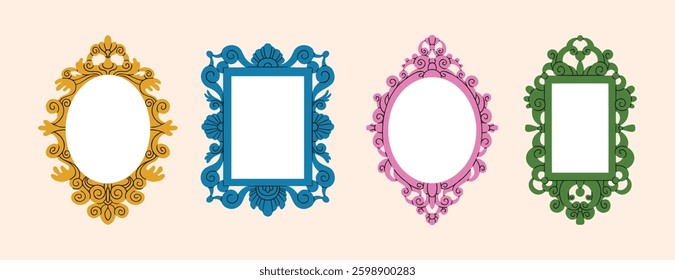 vintage decorative frames or borders. mirror different shapes. photo frames retro design. elegant style. hand drawn trendy elements. Vector illustration