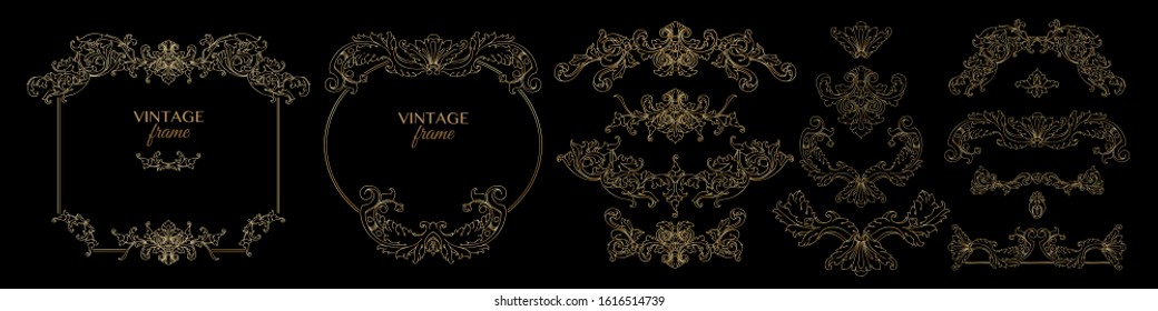 Vintage decorative frames and elements. Set of floral retro patterns. Graphic design in baroque style. Hand drawn thin golden line isolated on black. Decorative antique swirl. Vector illustration.