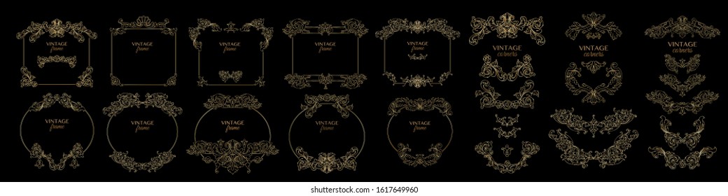 Vintage decorative frames and elements. Set of floral retro patterns. Graphic design in baroque style. Hand drawn thin golden line isolated on black. Decorative antique swirl. Vector illustration.