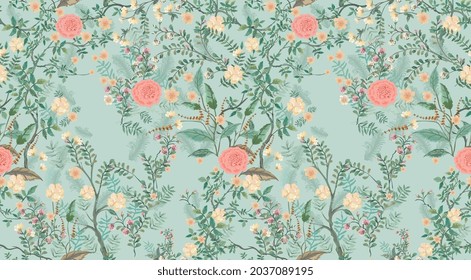 Decoración vintage del jardín sin soldadura para papel pintado. Chinoiserie floral tradicional. Ilustración del vector forestal