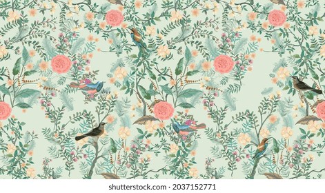 Vintage decorative garden seamless pattern for wallpaper. Traditional flower and bird Chinoiserie illustration