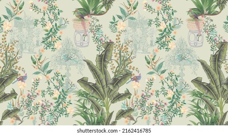 Vintage decorative garden seamless pattern for wallpaper. Traditional flower and bird Chinoiserie illustration for background - Shutterstock ID 2162416785