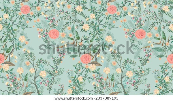 Vintage decorative garden seamless pattern for wallpaper. Traditional Floral Chinoiserie. Forest vector illustration