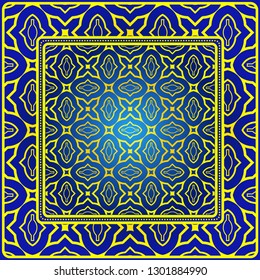 Vintage Decorative Geometric Pattern. Design For Bandana Shawl, Tablecloth Fabric Print. Vector Illustration. Blue yellow color.