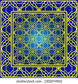 Vintage Decorative Geometric Pattern. Design For Bandana Shawl, Tablecloth Fabric Print. Vector Illustration. Blue yellow color.