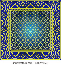 Vintage Decorative Geometric Pattern. Design For Bandana Shawl, Tablecloth Fabric Print. Vector Illustration. Blue yellow color.