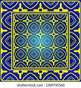 Vintage Decorative Geometric Pattern. Design For Bandana Shawl, Tablecloth Fabric Print. Vector Illustration. Blue yellow color.