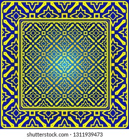 Vintage Decorative Geometric Pattern. Design For Bandana Shawl, Tablecloth Fabric Print. Vector Illustration. Blue yellow color.