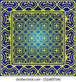 Vintage Decorative Geometric Pattern. Design For Bandana Shawl, Tablecloth Fabric Print. Vector Illustration. Blue yellow color.