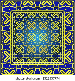 Vintage Decorative Geometric Pattern. Design For Bandana Shawl, Tablecloth Fabric Print. Vector Illustration. Blue yellow color.