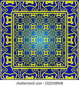 Vintage Decorative Geometric Pattern. Design For Bandana Shawl, Tablecloth Fabric Print. Vector Illustration. Blue yellow color.