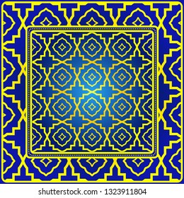 Vintage Decorative Geometric Pattern. Design For Bandana Shawl, Tablecloth Fabric Print. Vector Illustration. Blue yellow color.