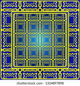 Vintage Decorative Geometric Pattern. Design For Bandanna Shawl, Tablecloth Fabric Print. Vector Illustration. Blue yellow color.