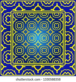 Vintage Decorative Geometric Pattern. Design For Bandana Shawl, Tablecloth Fabric Print. Vector Illustration. Blue yellow color.