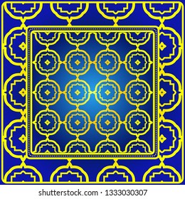 Vintage Decorative Geometric Pattern. Design For Bandana Shawl, Tablecloth Fabric Print. Vector Illustration. Blue yellow color.
