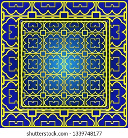 Vintage Decorative Geometric Pattern. Design For Bandana Shawl, Tablecloth Fabric Print. Vector Illustration. Blue yellow color.