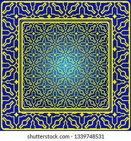 Vintage Decorative Geometric Pattern. Design For Bandana Shawl, Tablecloth Fabric Print. Vector Illustration. Blue yellow color.