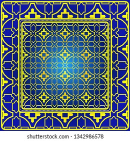Vintage Decorative Geometric Pattern. Design For Bandana Shawl, Tablecloth Fabric Print. Vector Illustration. Blue yellow color.