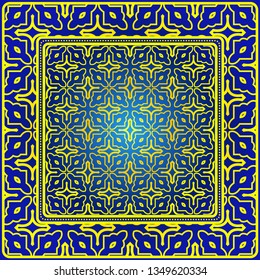 Vintage Decorative Geometric Pattern. Design For Bandana Shawl, Tablecloth Fabric Print. Vector Illustration. Blue yellow color.