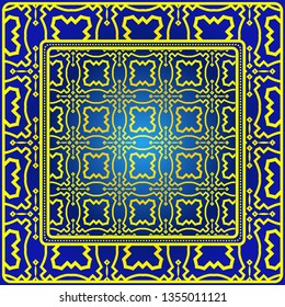 Vintage Decorative Geometric Pattern. Design For Bandana Shawl, Tablecloth Fabric Print. Vector Illustration. Blue yellow color.