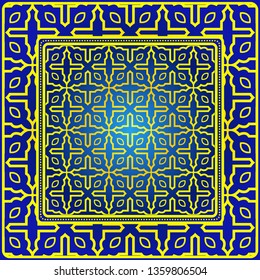 Vintage Decorative Geometric Pattern. Design For Bandana Shawl, Tablecloth Fabric Print. Vector Illustration. Blue yellow color.