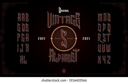 Vintage decorative, gothic font. Lettering design in retro style. Perfect for alcohol labels, logos, album titles of metal bands. Vector illustration