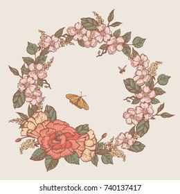 Vintage  decorative graphic pattern with apple tree flowers. Hand drawing.  Vector illustration. Illustration for greeting cards, invitations, and other printing projects.