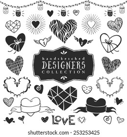 Vintage decorative hearts collection. Hand drawn vector design elements