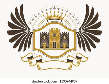 Vintage decorative heraldic vector emblem composed with medieval tower and imperial crown