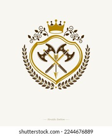 Vintage decorative heraldic vector emblem composed with armory and royal crown
