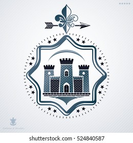 Vintage decorative heraldic vector emblem composed with medieval fortress