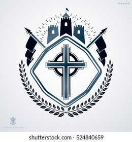 Vintage decorative heraldic vector emblem composed with medieval tower and religious cross