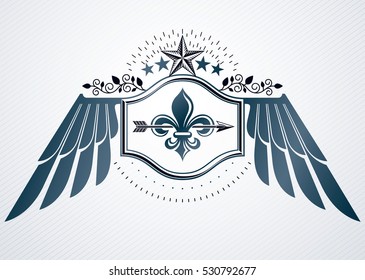 Vintage decorative heraldic vector emblem composed with eagle wings and pentagonal stars