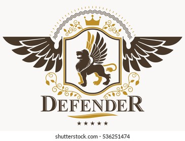 Vintage decorative heraldic vector emblem composed using eagle wings, wild lion illustration and pentagonal stars
