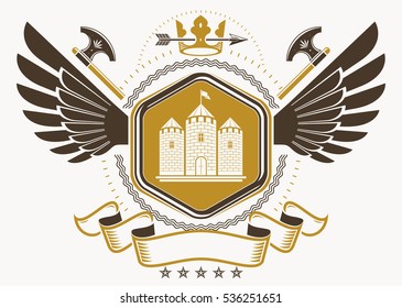 Vintage decorative heraldic vector emblem composed using medieval castle and monarch crown