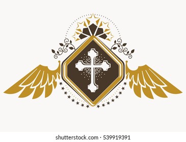 Vintage decorative heraldic vector emblem composed with eagle wings, Christian religious cross and pentagonal stars