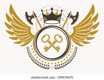 Vintage decorative heraldic vector emblem composed with eagle wings, hatchets and keys