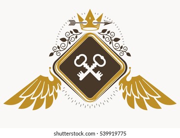 Vintage decorative heraldic vector emblem composed with eagle wings, security keys and monarch crown