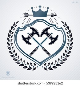Vintage decorative heraldic vector emblem composed using two hatchets crossed and monarch crown