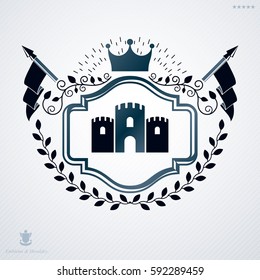 Vintage decorative heraldic vector emblem composed with medieval fortress and monarch crown