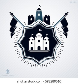 Vintage decorative heraldic vector emblem composed using medieval fortress and flags