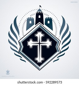 Vintage decorative heraldic vector emblem composed with medieval castle and religious cross