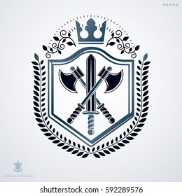 Vintage decorative heraldic vector emblem composed with armory and monarch crown