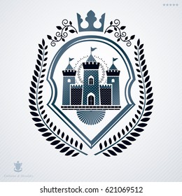 Vintage decorative heraldic vector emblem composed with stronghold illustration and imperial crown