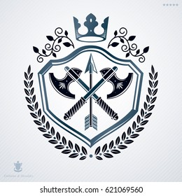 Vintage decorative heraldic vector emblem composed using armory and royal crown