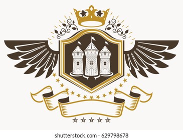 Vintage decorative heraldic vector emblem composed using medieval castle and monarch crown