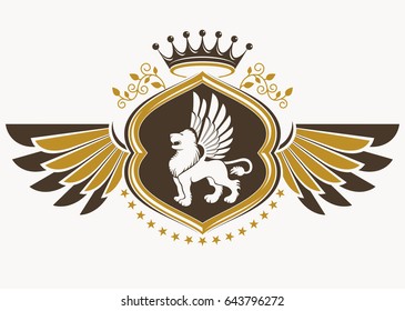 Vintage decorative heraldic vector emblem composed with eagle wings, wild lion illustration and royal crown