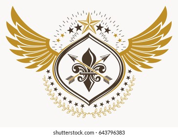 Vintage decorative heraldic vector emblem composed with eagle wings and pentagonal stars
