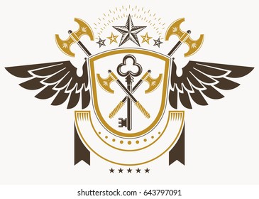 Vintage decorative heraldic vector emblem composed with hatchets and pentagonal stars