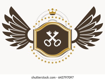 Vintage decorative heraldic vector emblem composed with eagle wings, keys and monarch crown